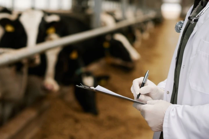 A person writing on a notepad while performing veterinary inspection.